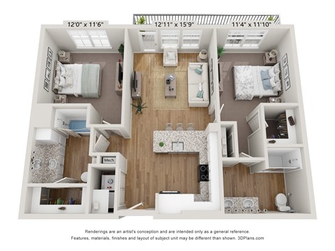 Floor plan for 2 beds, 2 baths, 999 sqft